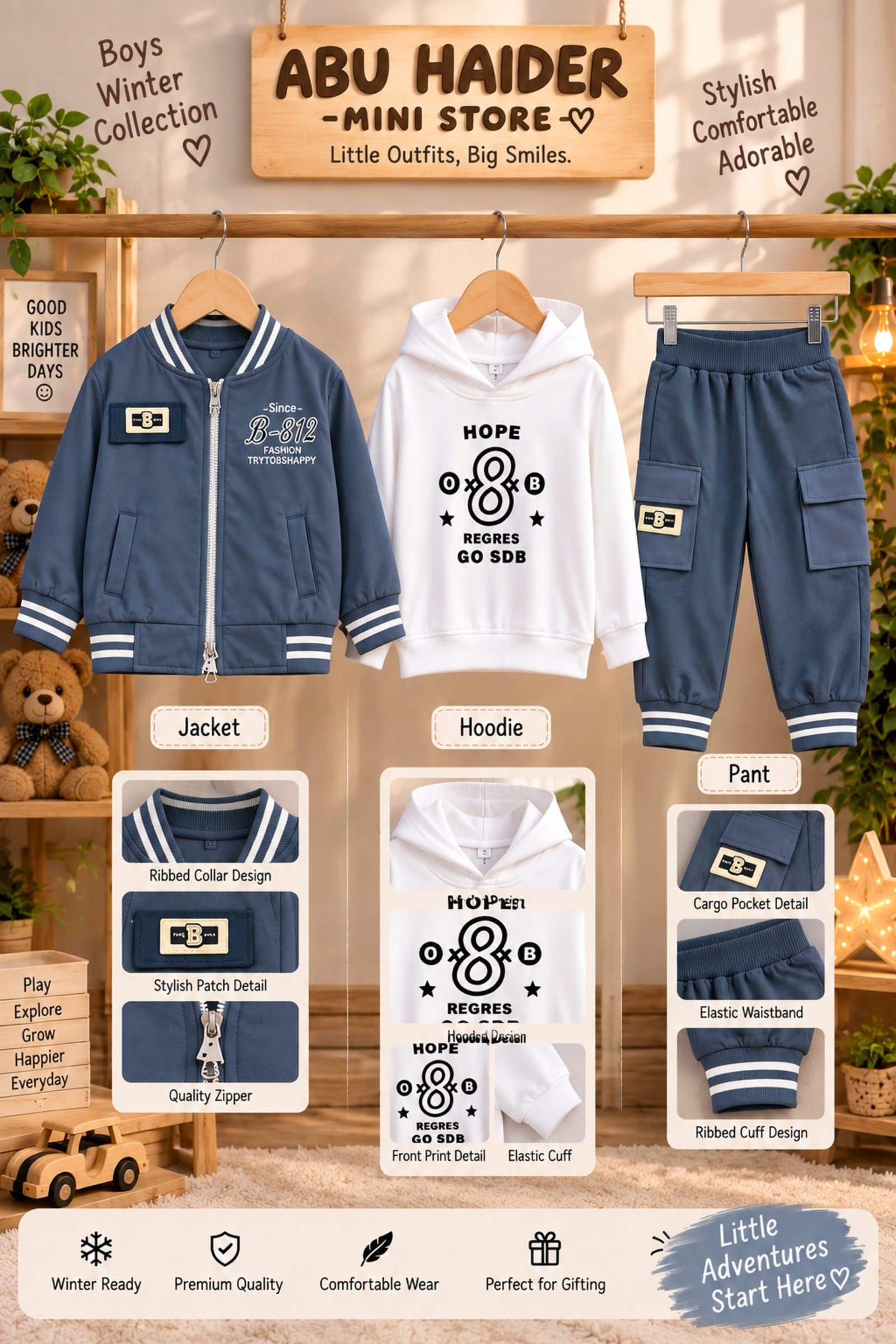 Boys 3-Piece Winter Outfit Set – Blue & White Hoodie, Jacket & Jogger Pants