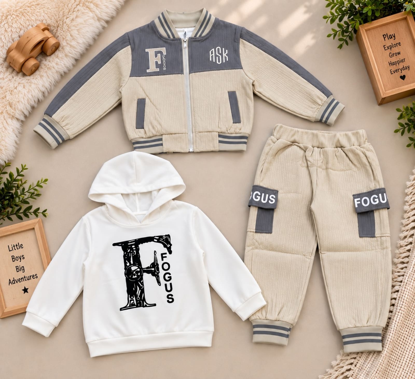 Boys 3-Piece Winter Outfit Set – Beige, Cream & Grey with White Printed Hoodie, Jacket & Jogger Pants
