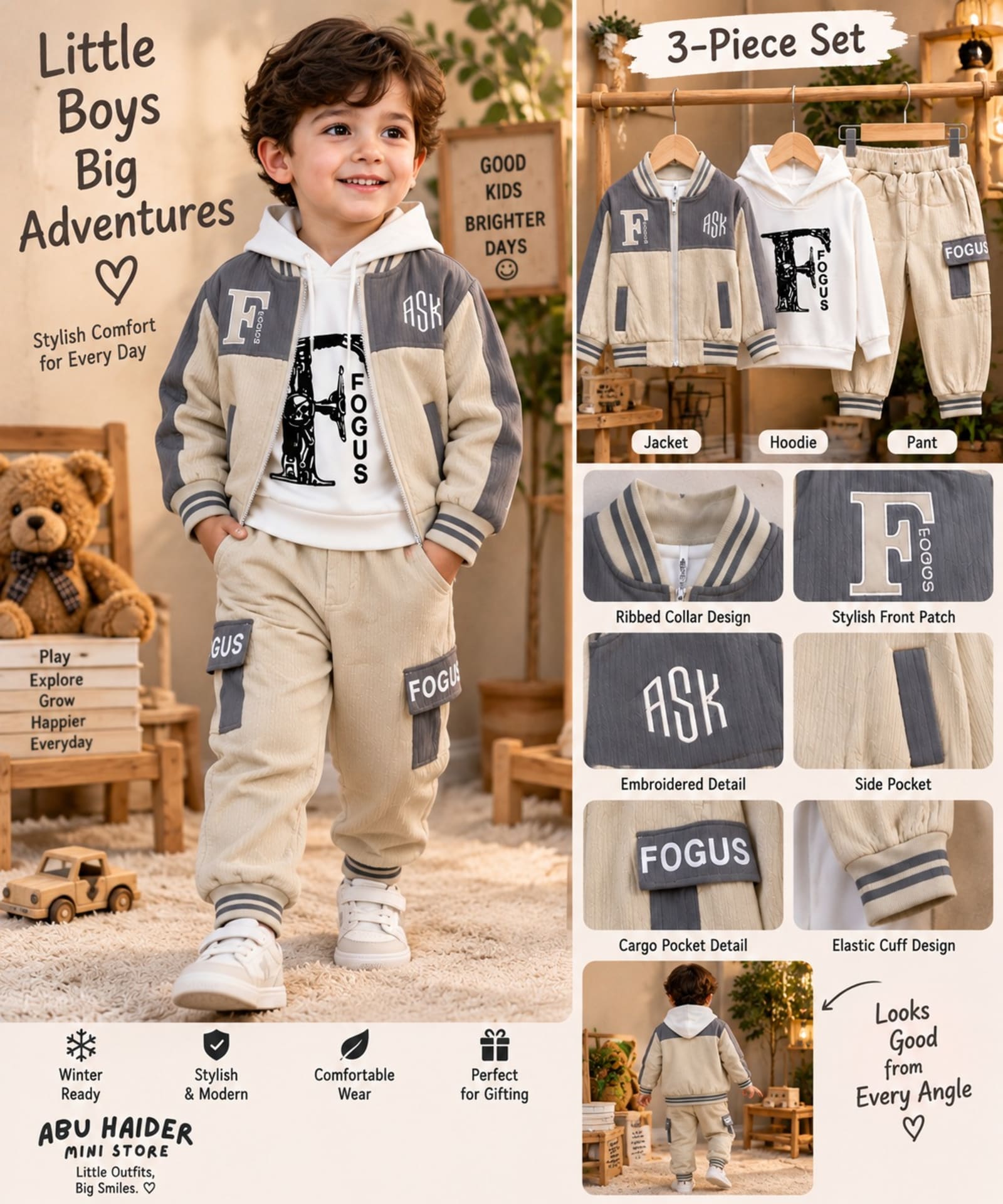Boys 3-Piece Winter Outfit Set – Beige, Cream & Grey with White Printed Hoodie, Jacket & Jogger Pants