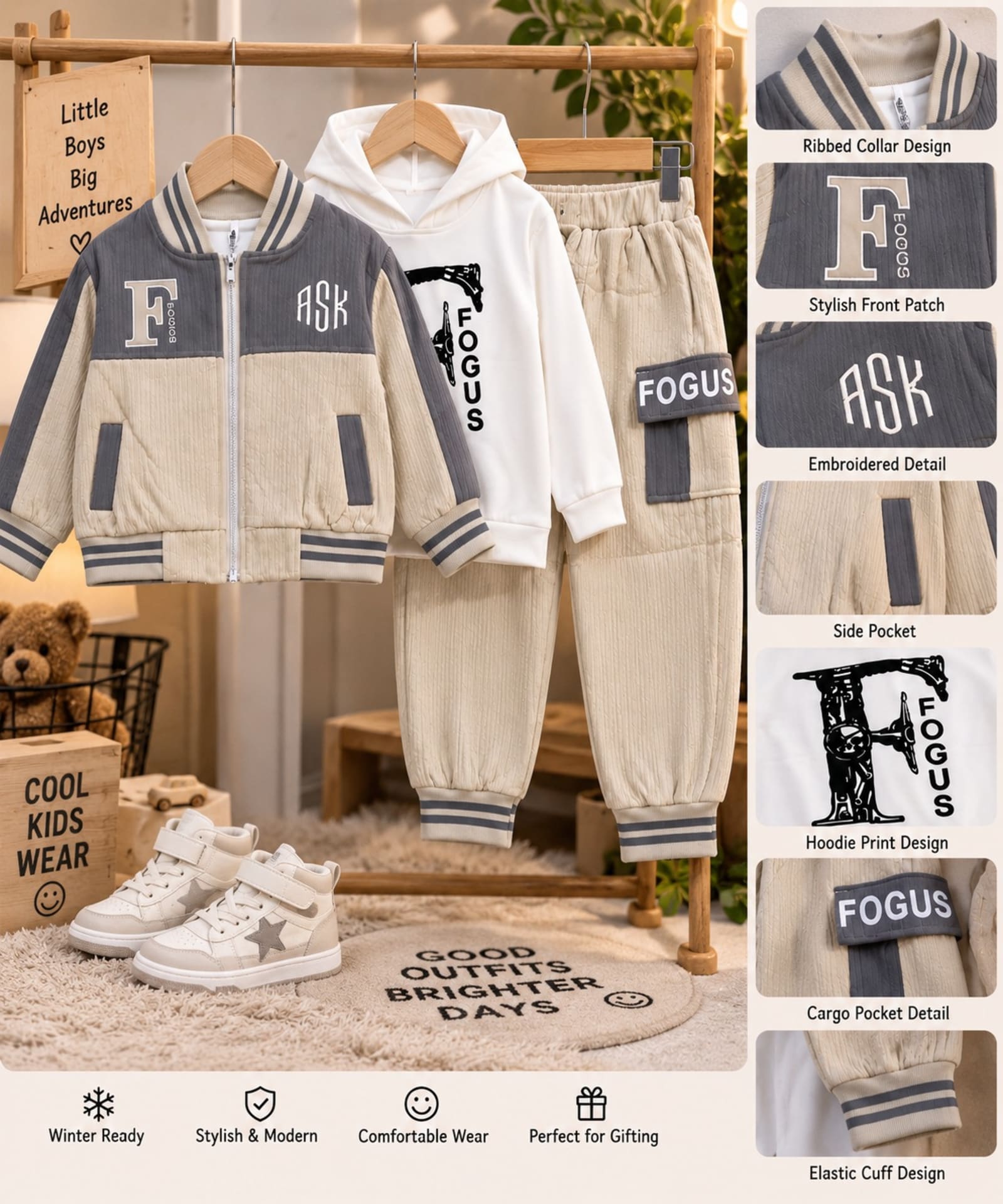 Boys 3-Piece Winter Outfit Set – Beige, Cream & Grey with White Printed Hoodie, Jacket & Jogger Pants alternate view