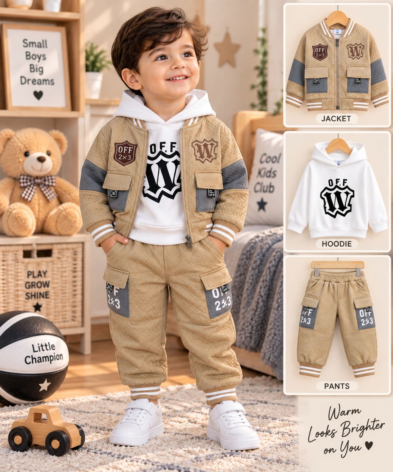 Boys 3-Piece Winter Outfit Set – Beige & White Printed Hoodie, Jacket & Jogger Pants
