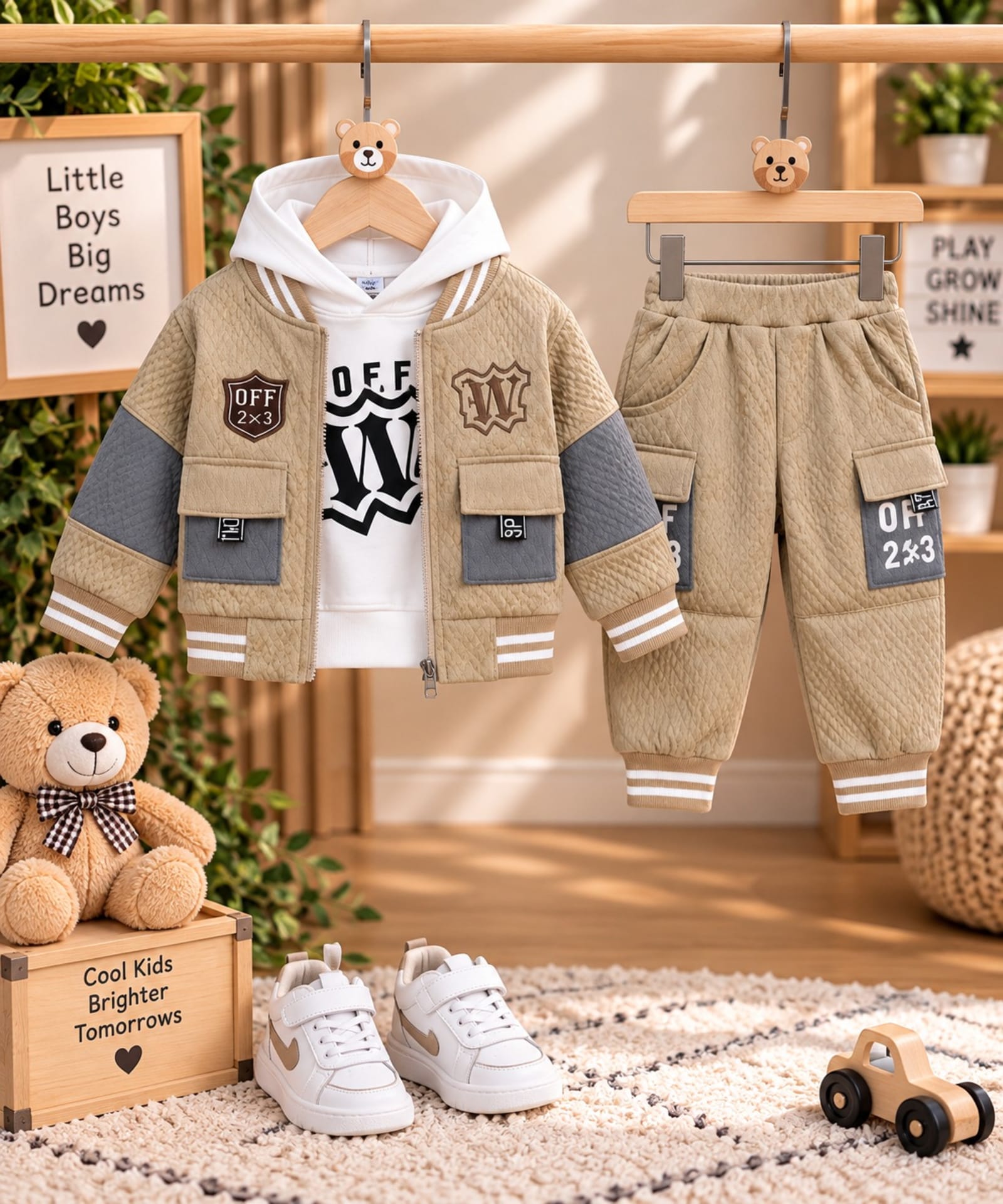 Boys 3-Piece Winter Outfit Set – Beige & White Printed Hoodie, Jacket & Jogger Pants