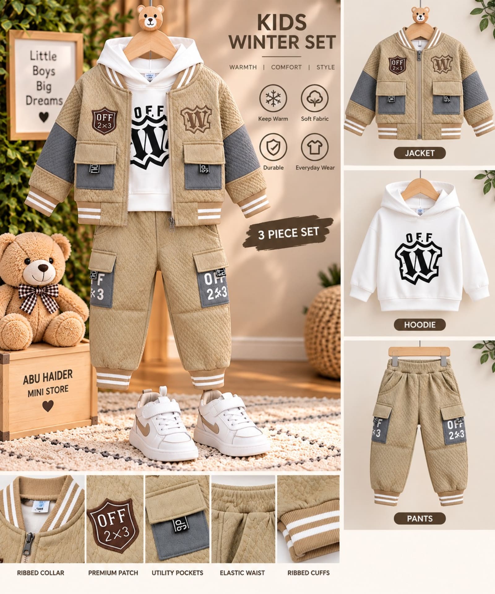 Boys 3-Piece Winter Outfit Set – Beige & White Printed Hoodie, Jacket & Jogger Pants alternate view