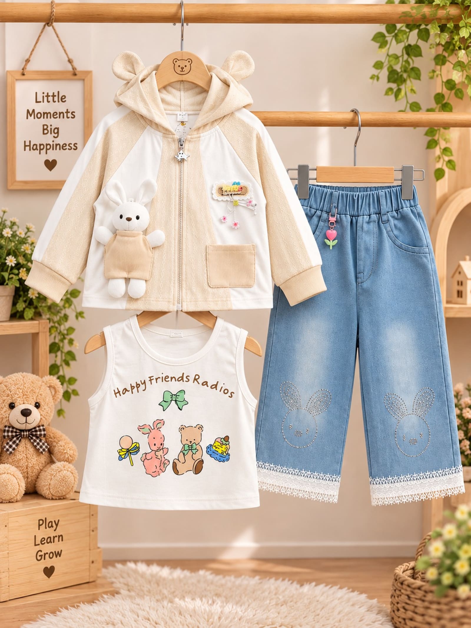 Cute Girls 3-Piece Winter Outfit – Jacket, Printed Inner Top & Denim-Blue Pants alternate view