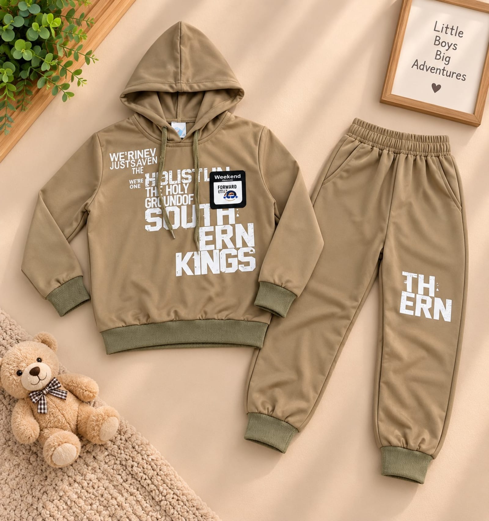 Boys 2-Piece Winter Hoodie & Trouser Set – Khaki/Brown, Grey & Olive Green