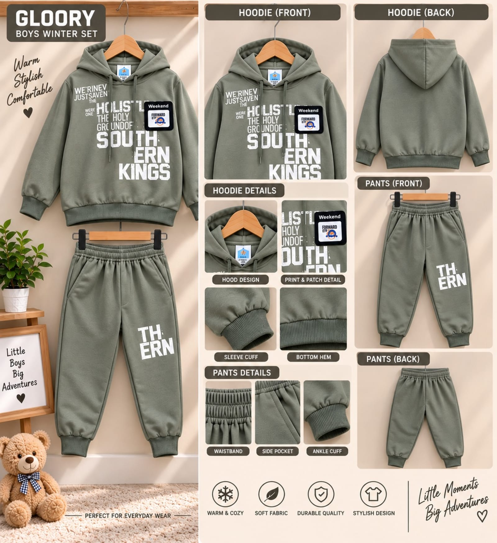Boys 2-Piece Winter Hoodie & Trouser Set – Khaki/Brown, Grey & Olive Green