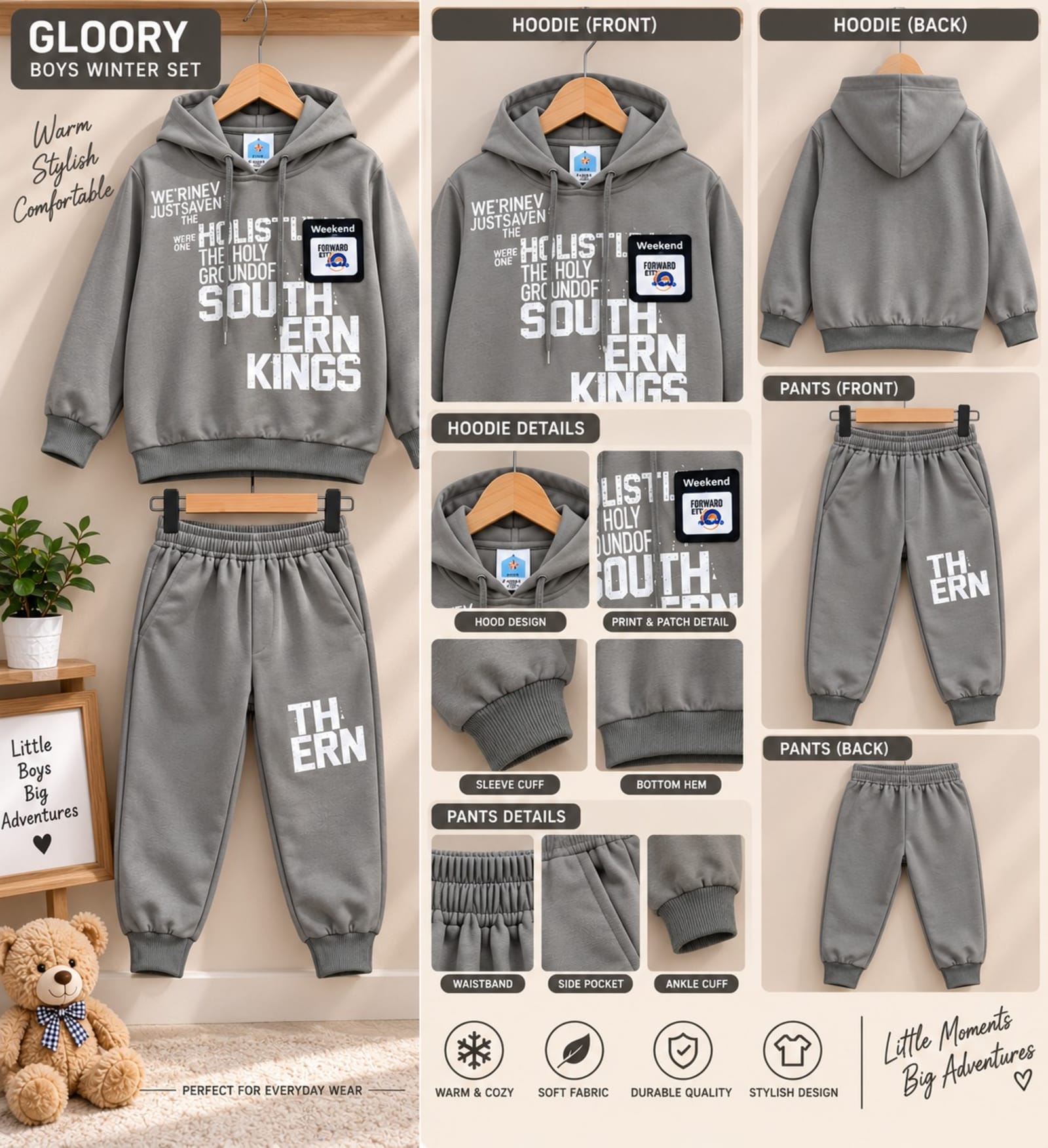 Boys 2-Piece Winter Hoodie & Trouser Set – Khaki/Brown, Grey & Olive Green