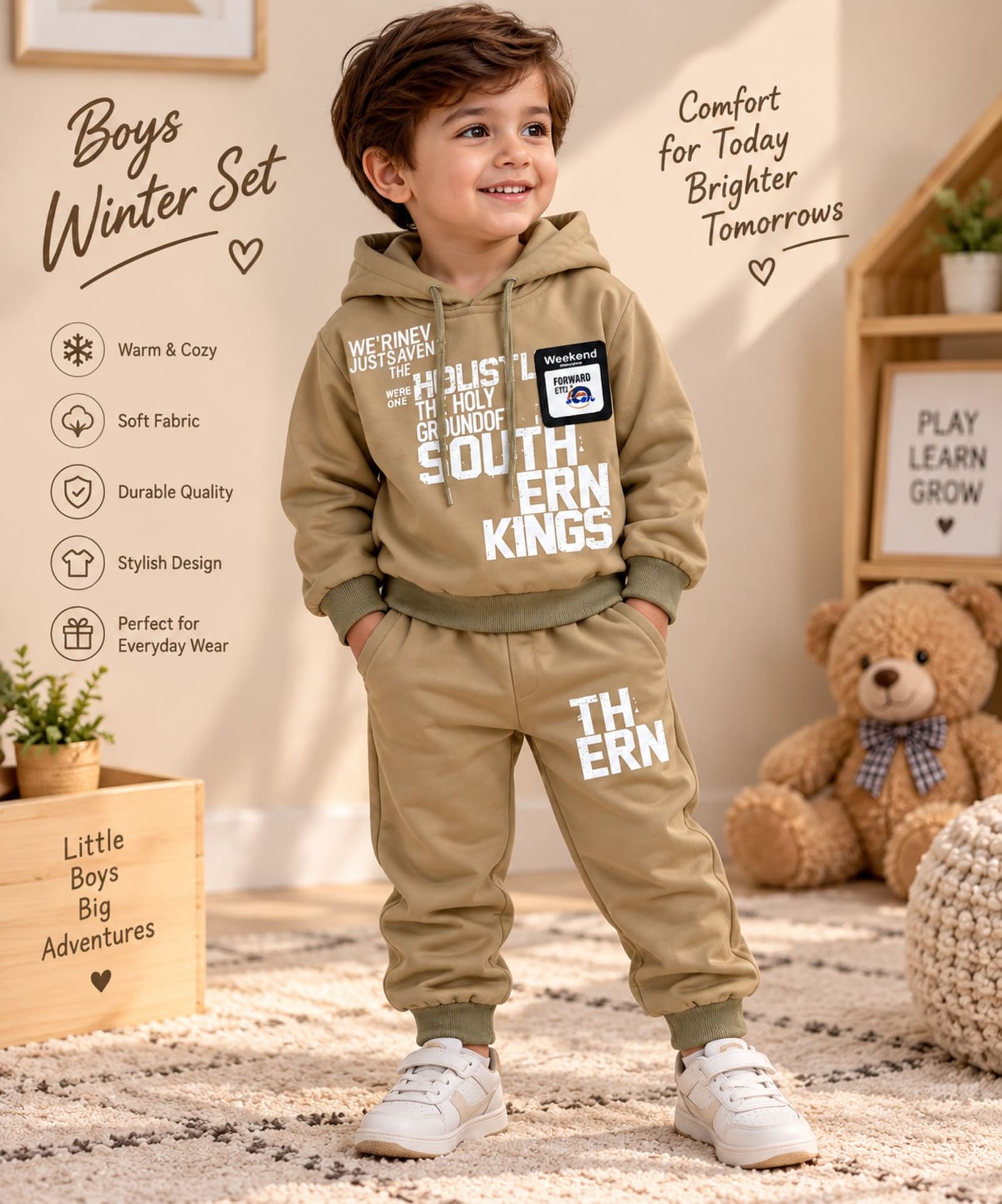 Boys 2-Piece Winter Hoodie & Trouser Set – Khaki/Brown, Grey & Olive Green alternate view