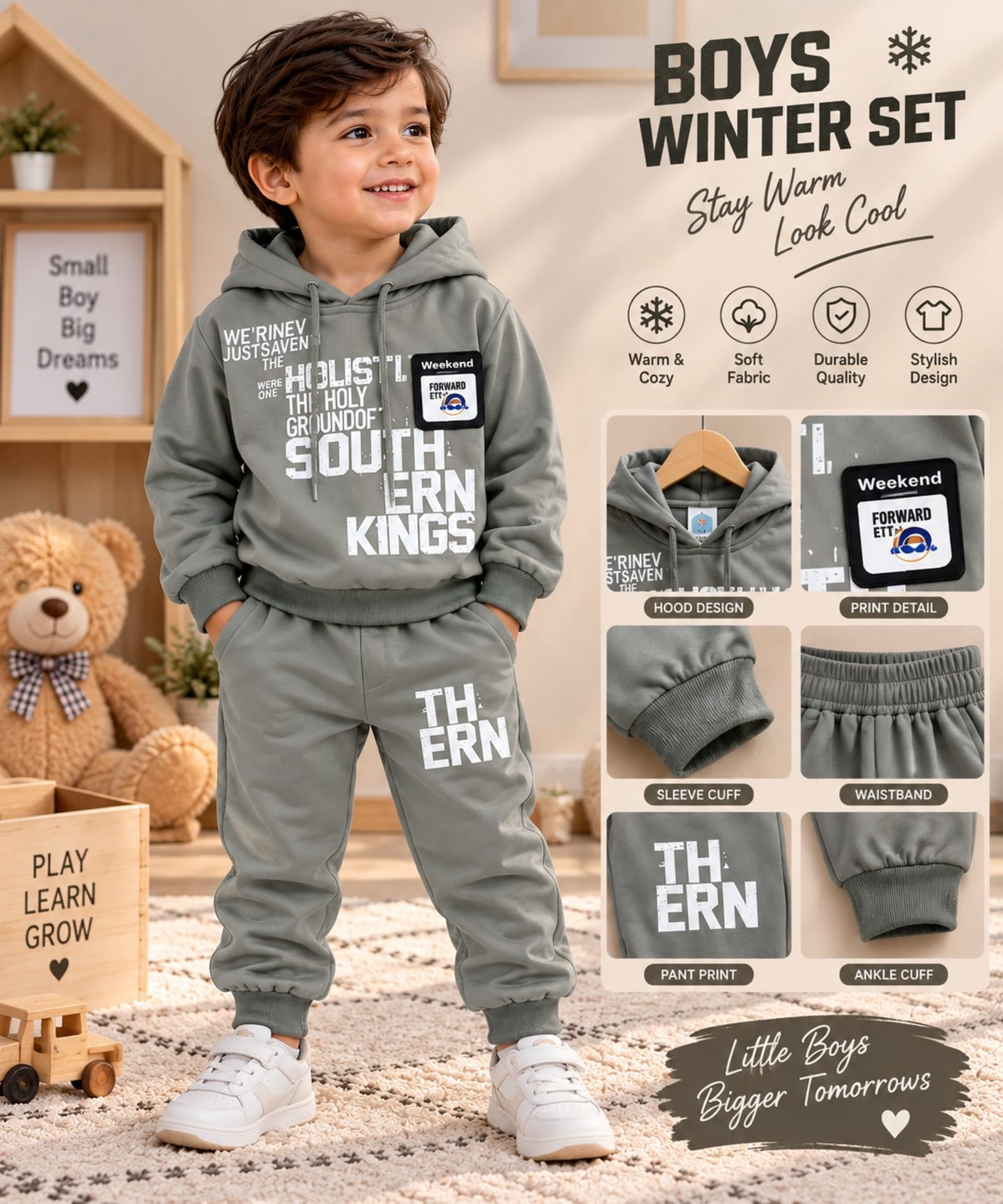 Boys 2-Piece Winter Hoodie & Trouser Set – Khaki/Brown, Grey & Olive Green