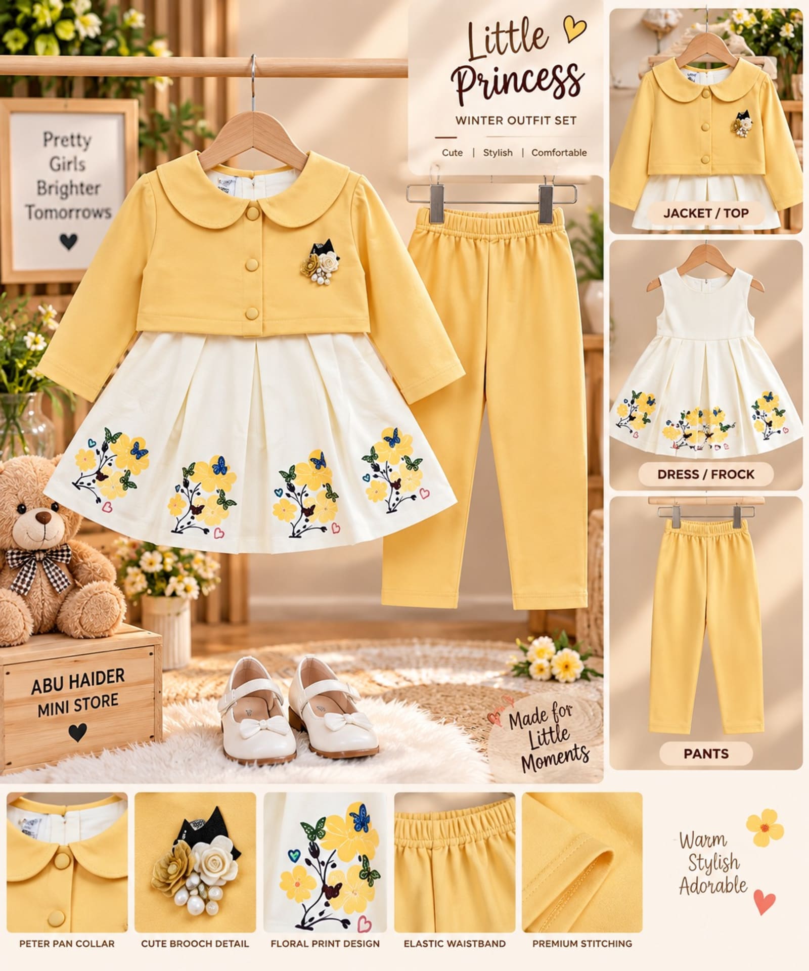 Little Princess 3-Piece Girls Winter Outfit Set – Floral Frock/Dress, Button-Front Jacket & Matching Pants – Pink & Yellow Color Options