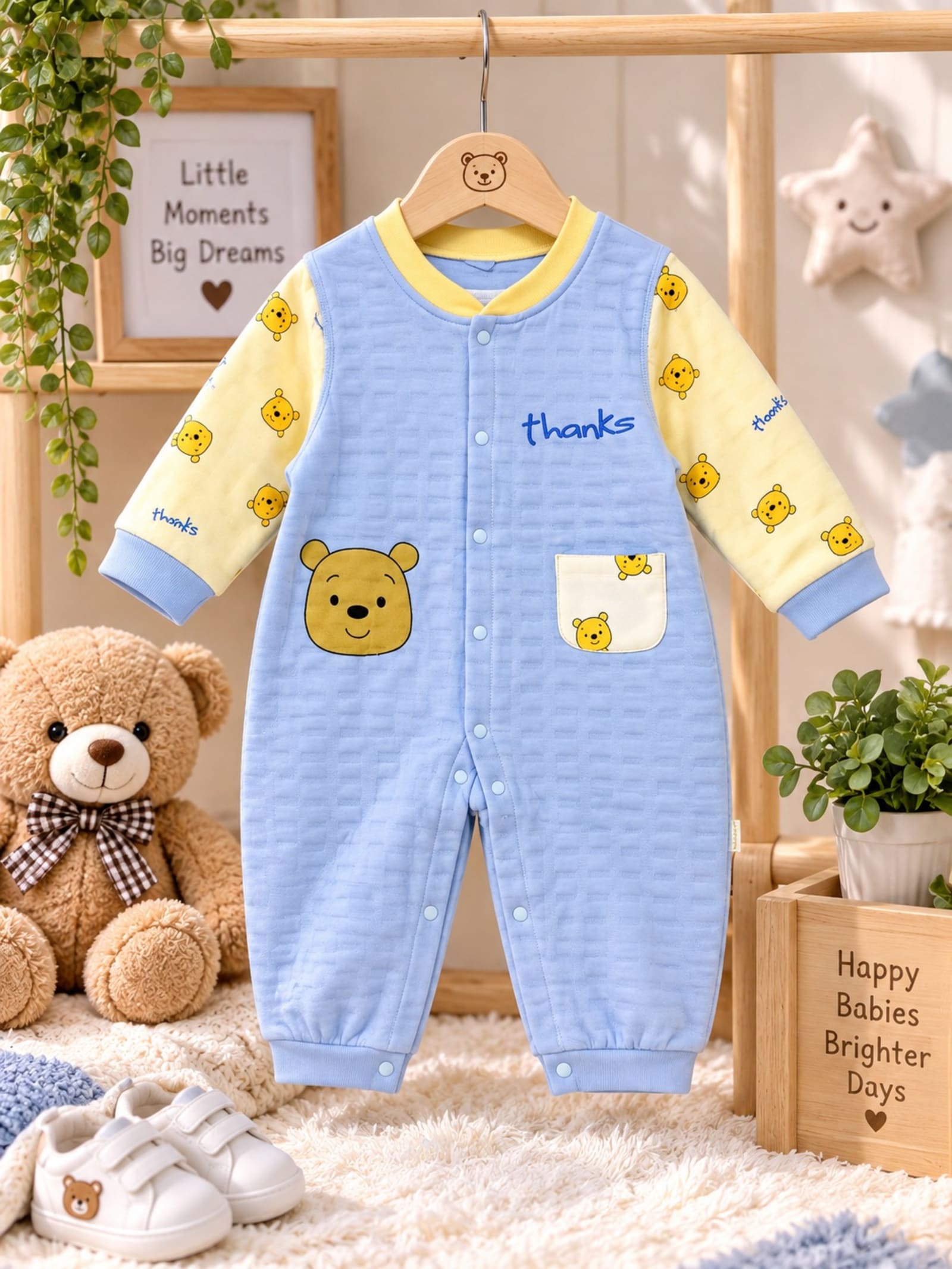 Little Bear “Thanks” Blue & Yellow Baby Romper