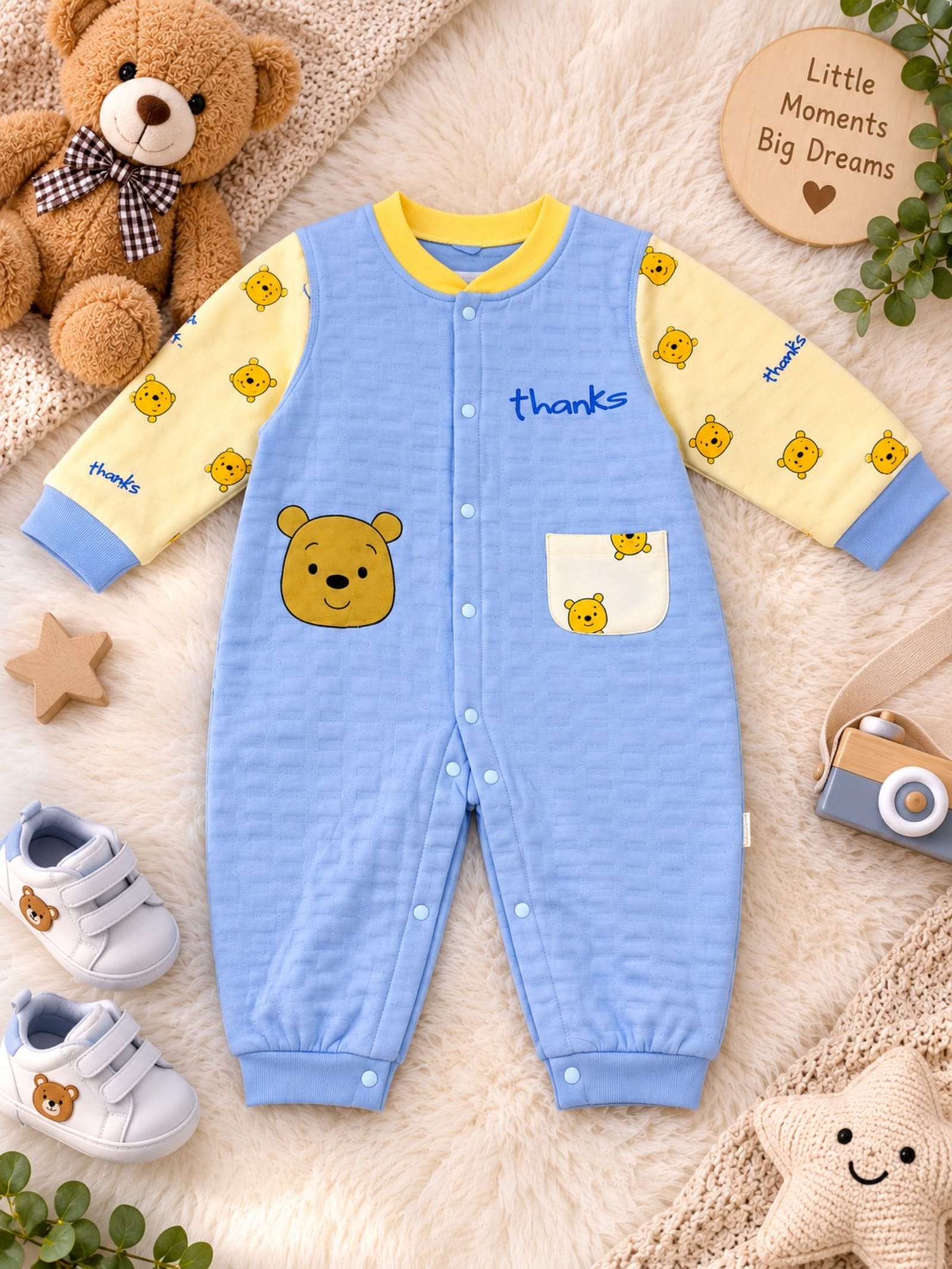 Little Bear “Thanks” Blue & Yellow Baby Romper alternate view