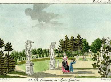 Der Eingang zu Apels Garten mit den Statuen von Balthasar Permoser um 1700.
