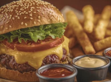 Saftiger Burger und leckere hausgemachte Dips