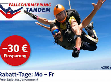 Rabatt-Tage Tandemsprung Fromberg: Wochentags Preisvorteil auf markierte Termine – Freifall ab 4.300 m im Waldviertel (Feiertage ausgenommen).