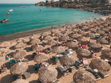 Middle rows seaside sunbed rental in Super Paradise Beach Mykonos