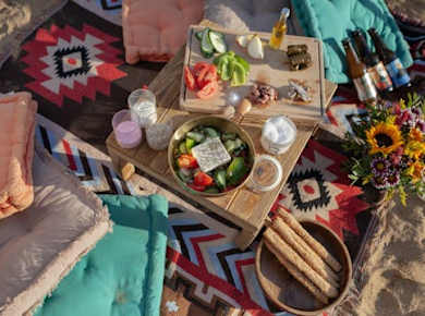 Greek meze picnic on a Mykonos beach