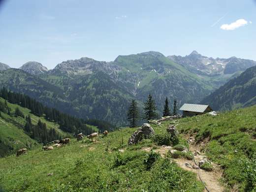 Bergkulisse mit Berghütte