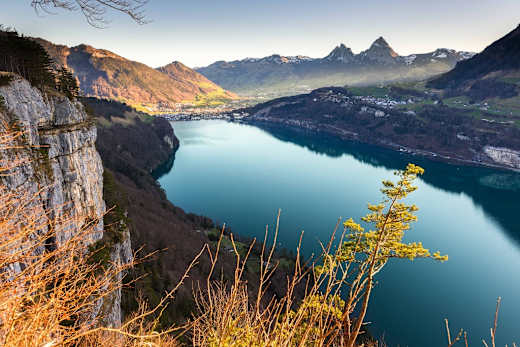 Aussicht von der Marienhöhe in Seelisberg auf das Rütli, den Urnersee und die beiden Mythen