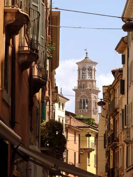 A view of Torre dei Lamberti from the city streets, July 2011