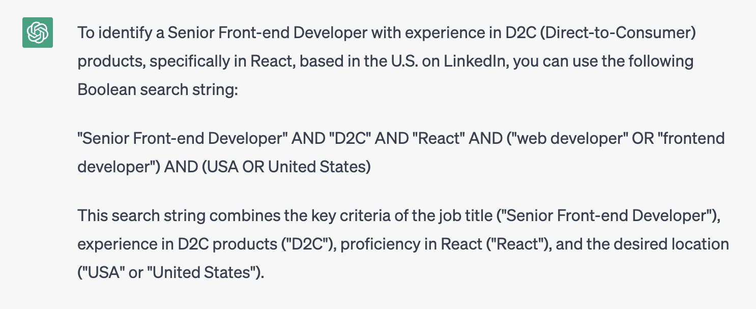 ChatGPT generated boolean search strings for frontend developer role