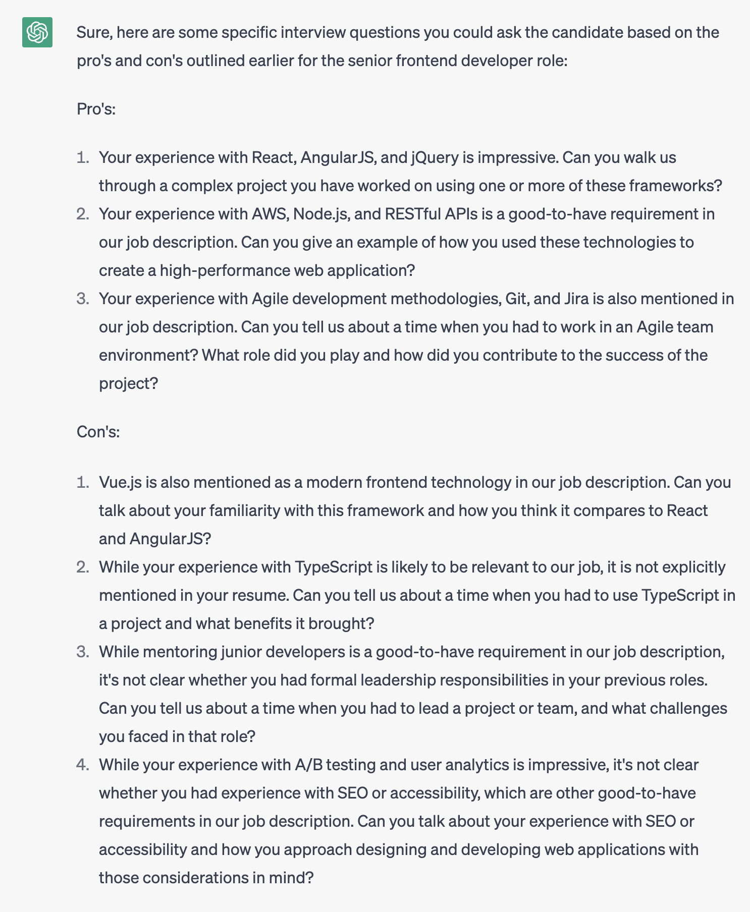 Interview questions generated through ChatGPT