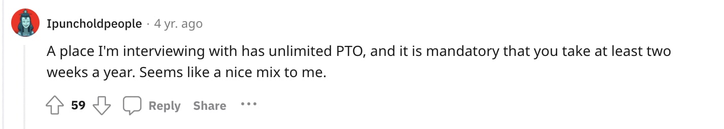 Reddit comment on unlimited pto