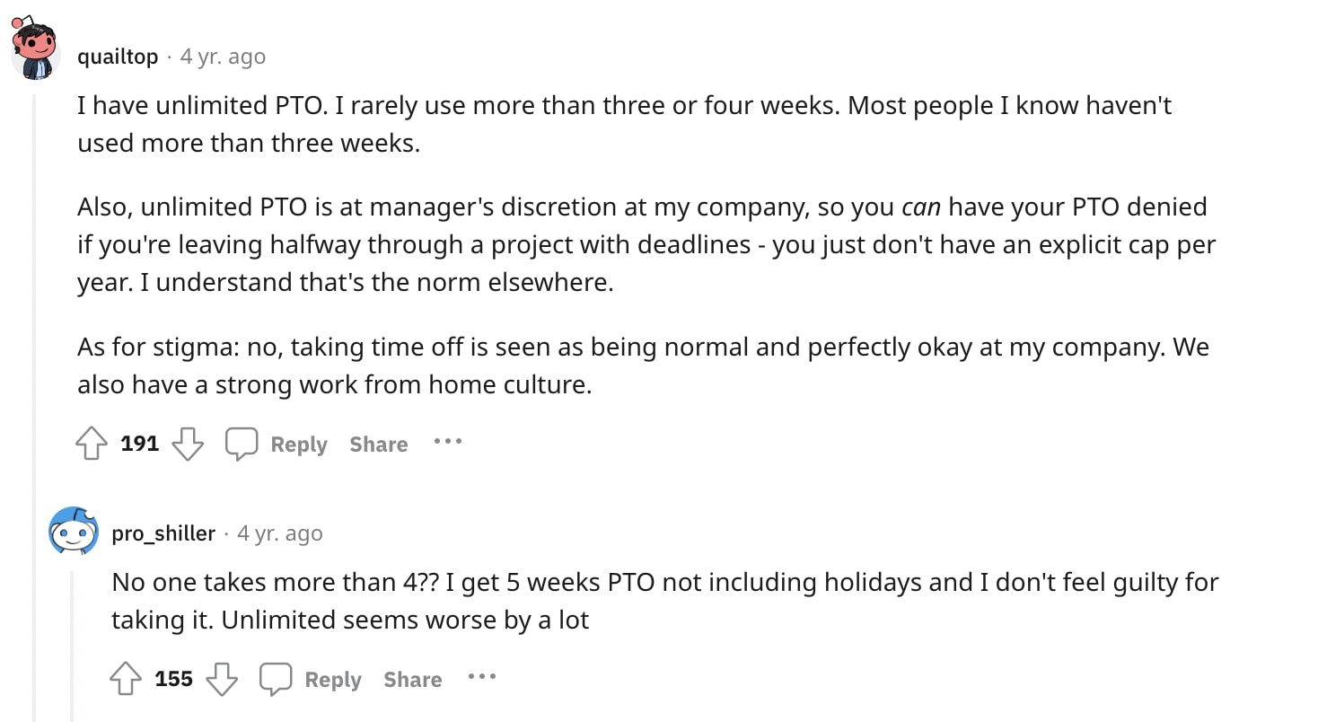 Reddit thread on unlimited PTO