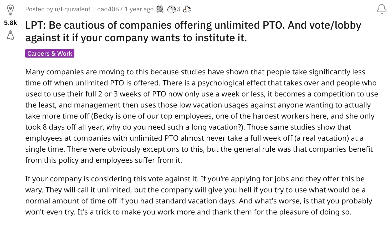 Reddit comment unlimited PTO