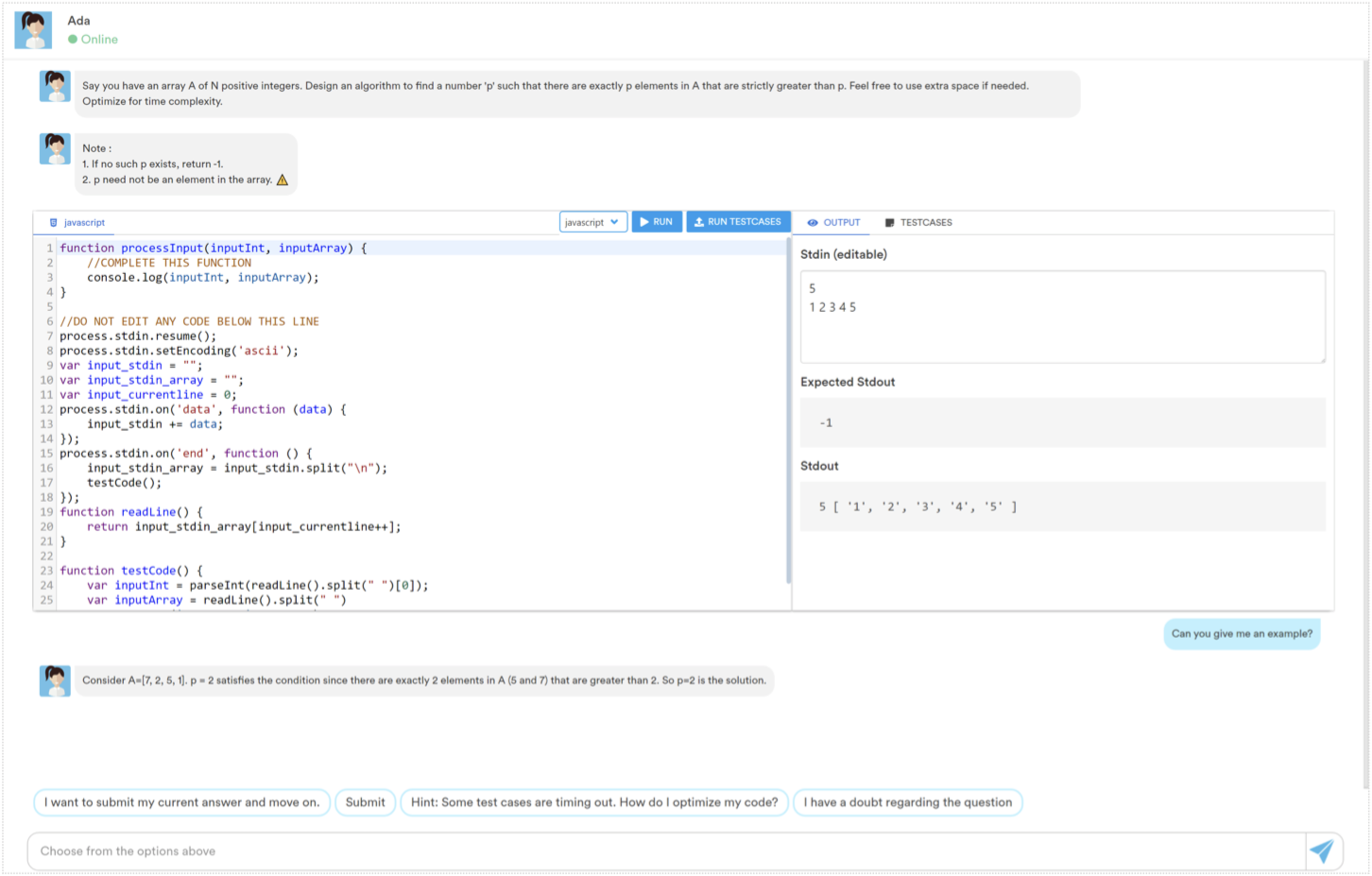 Ada guiding a candidate through a coding test