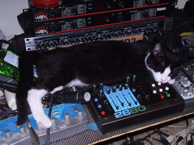 cat fast asleep atop of various mixers and audio interfaces.