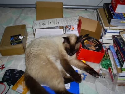 A siamese cat sleeps on top of a spiral binder surrounded by books wires and boxes. 