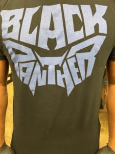 Black Panther text on black shirt