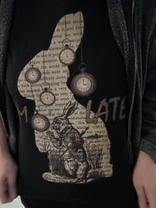 Rabbit on a black shirt, I'm late, Alice in wonderland