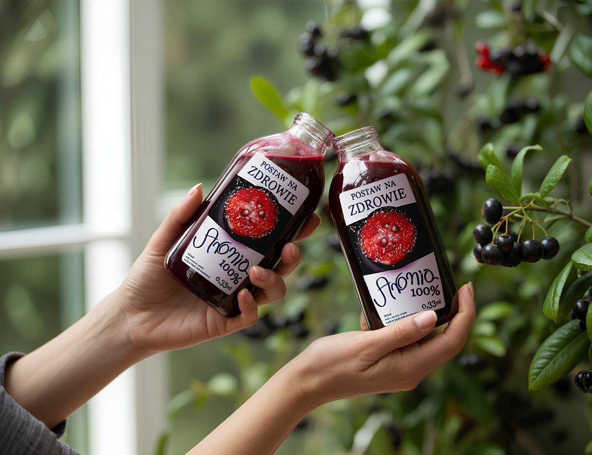 Dwie butelki soku z aronii z etykietą zaprojektowaną przez Zbigniew Adam Karski