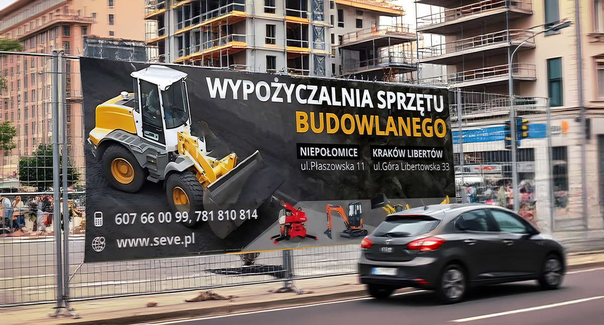 Baner SEVE – wypożyczalnia sprzętu budowlanego - wizualizacja w terenie