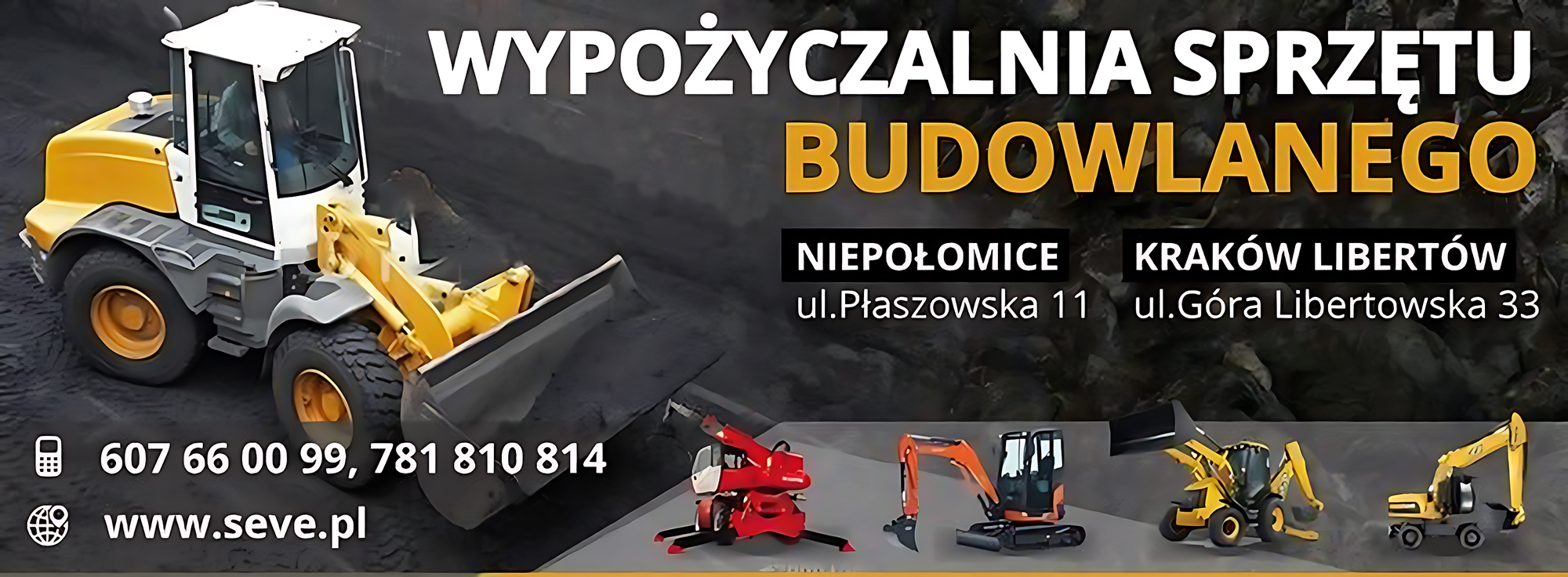 Baner SEVE – wypożyczalnia sprzętu budowlanego - wersja ciemna