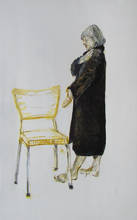 Painting of a woman standing in a black robe, facing a chair. by Grazyna Adamska Jarecka