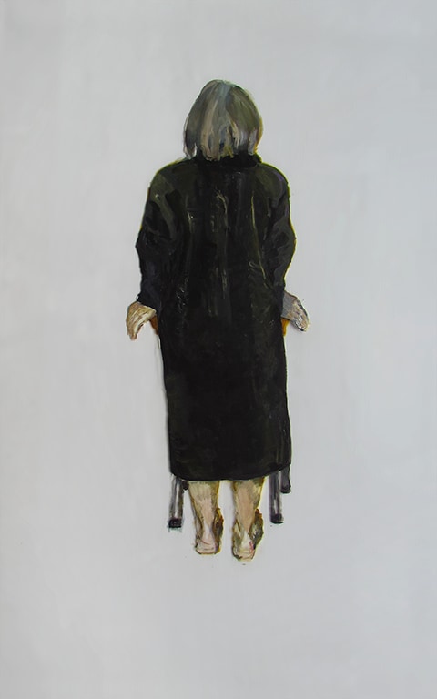 Painting of a woman in a black robe surrounded by empty space. by Grazyna Adamska Jarecka