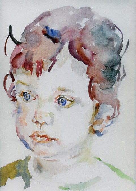 Watercolor portrait of a child looking off to the left side. by Grazyna Adamska Jarecka