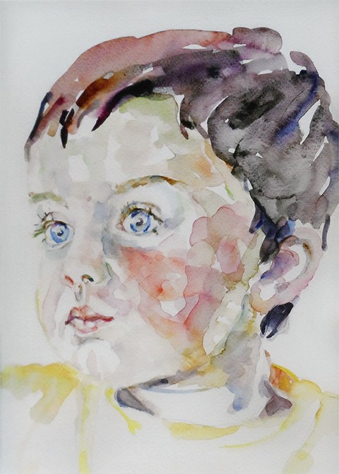 Watercolor portrait of a five year old boy with blue eyes. by Grazyna Adamska Jarecka