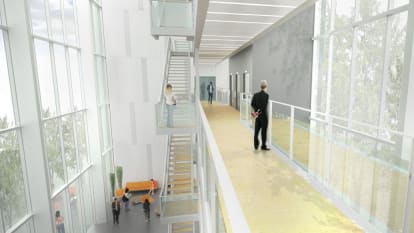 Illustrative interior of Flintholm Company House 1. Shown is a catwalk going through the building, with connecting staircases and lifts.