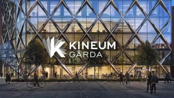 Illustration of the entrance to the new Kineum, with the logo emblazoned on the picture.