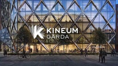 Illustration of the entrance to the new Kineum, with the logo emblazoned on the picture.