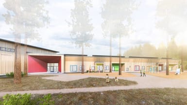 Illustration of the new Laukaa Eco School in Savio, Tarvaala.