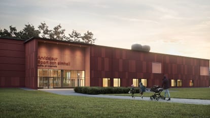 Visionsbild från Liljewall Arkitekter AB av Arvidsjaurs nya sport- och simhall.