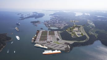 Illustration över hur nya Norvik kan se ut, med en stor containerhamn och båtar som angör.