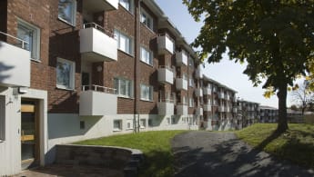 Lamelhus med mörkbrun tegelfasad radar upp sig från kamerans position och bortåt. Bredvid går en gångstig med träd längs sidan.