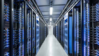 A row of blue coloured servers inside the Facebook data centre in Luleå, Sweden.