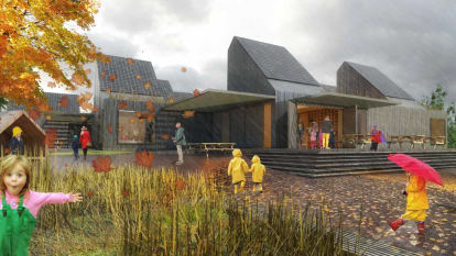 Illustration of Kirsteforsdammen pre-school, during a rainy autumn day with leaves blowing and children playing.